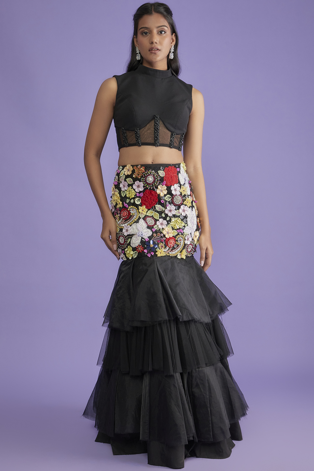 Black Net & Organza Embroidered Lehenga Set by Rozina