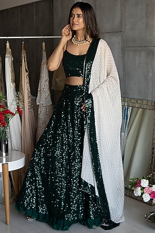 Mehendi Green Embroidered Lehenga Set by Rozina