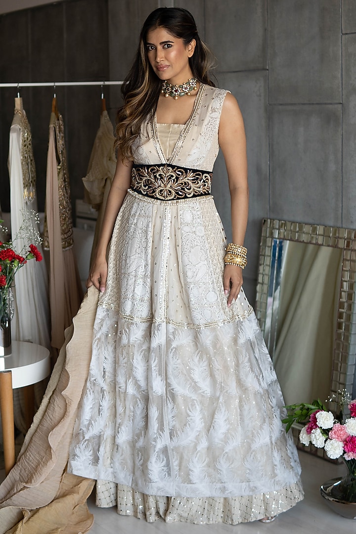 Off White Embroidered Skirt Set by Rozina