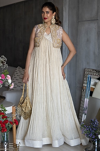 Golden Embroidered Anarkali With Koti by Rozina