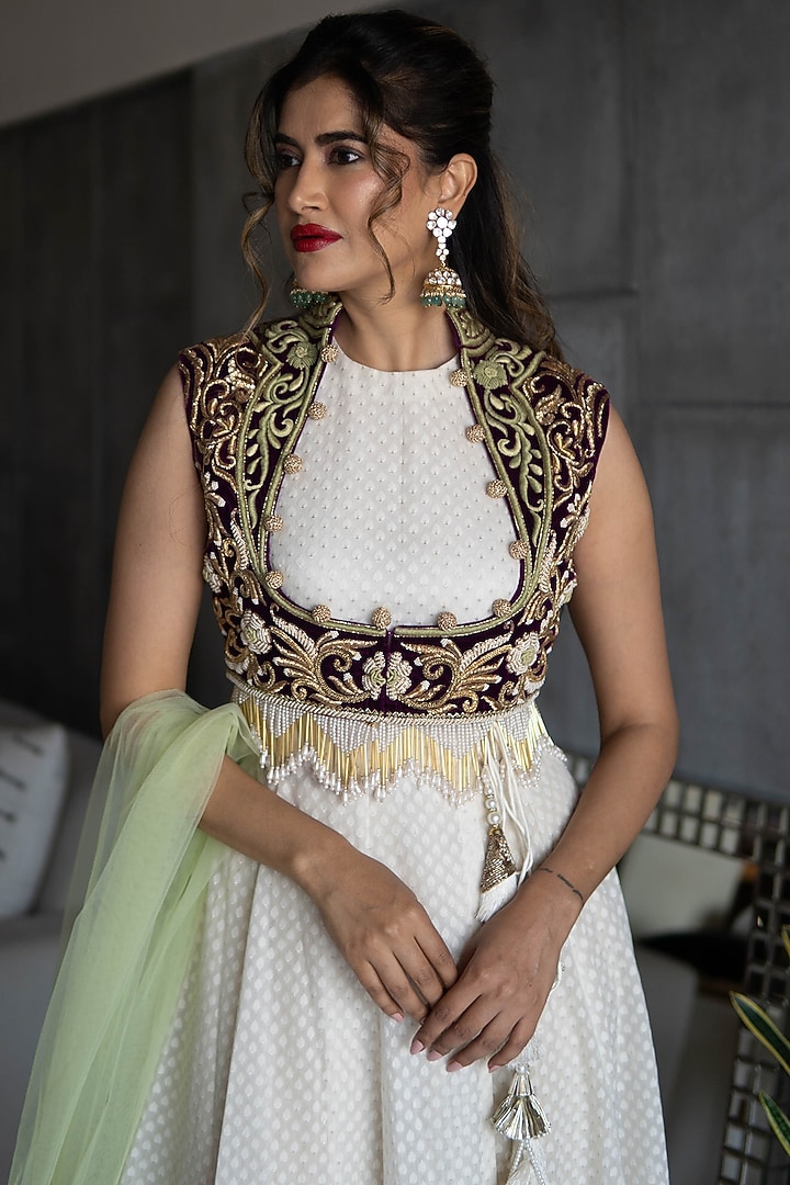 Beige Embroidered Wedding Anarkali Set by Rozina at Pernia's Pop Up Shop