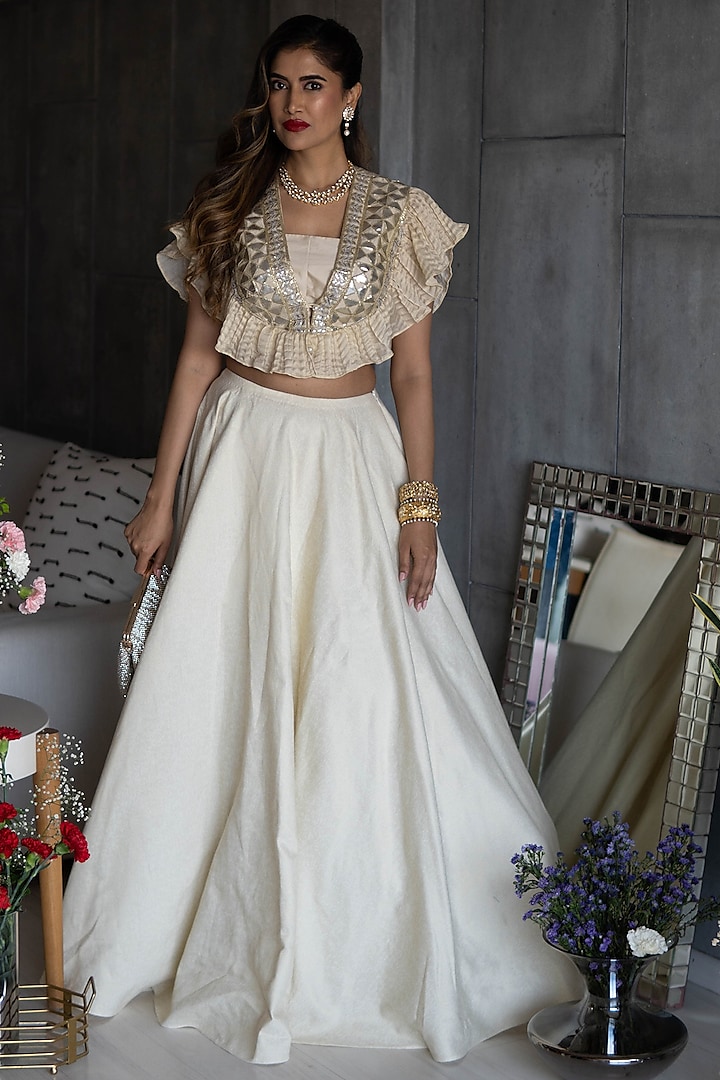 Golden & Off White Embroidered Skirt Set by Rozina