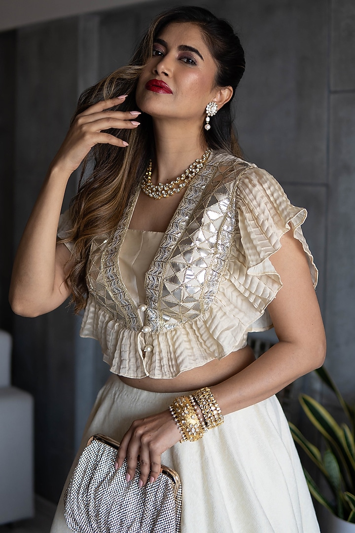Golden & Off White Embroidered Skirt Set by Rozina at Pernia's Pop Up Shop