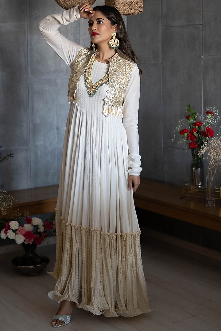 Off White Embroidered Anarkali Set by Rozina
