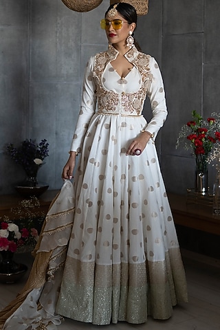 Off White Anarkali Set With Koti by Rozina