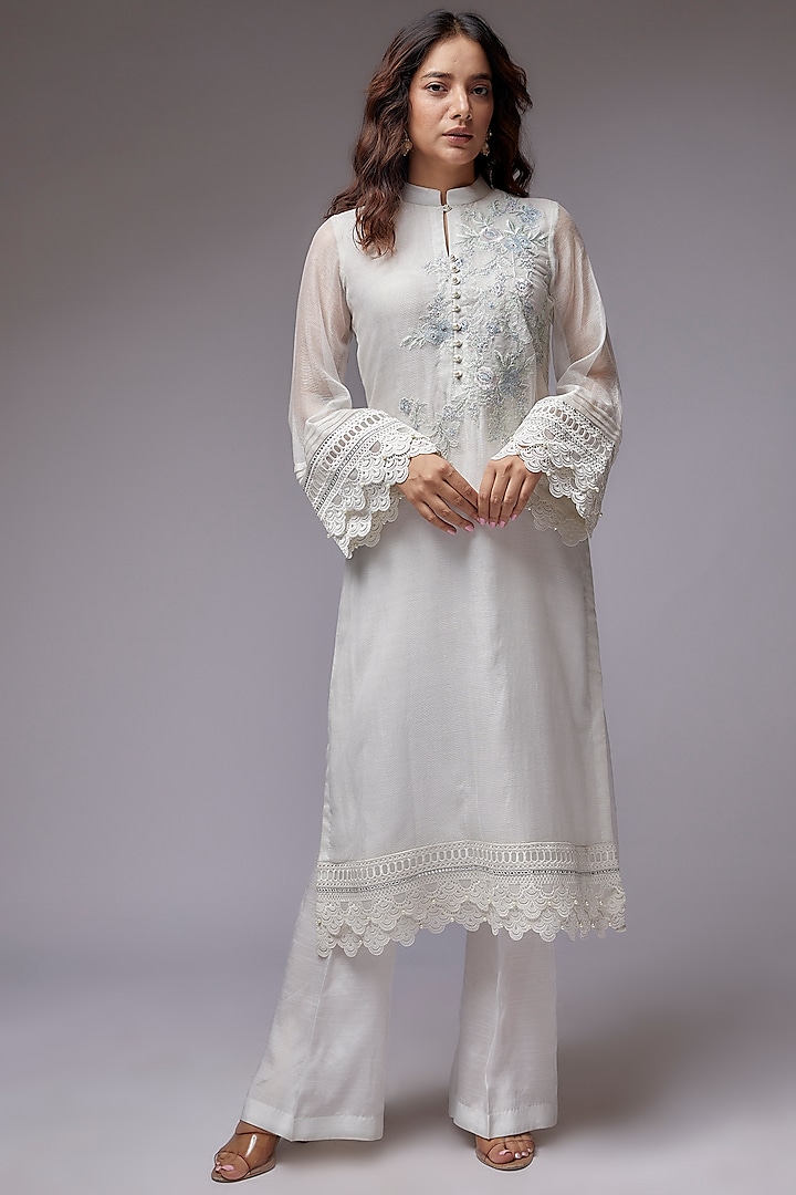 Off-White Cotton Net Embroidered Kurta Set by Rozina