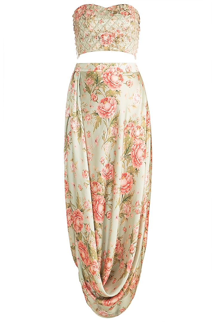 Pista Green & Peach Printed Drape Skirt With Embroidered Tube Blouse by Rozina