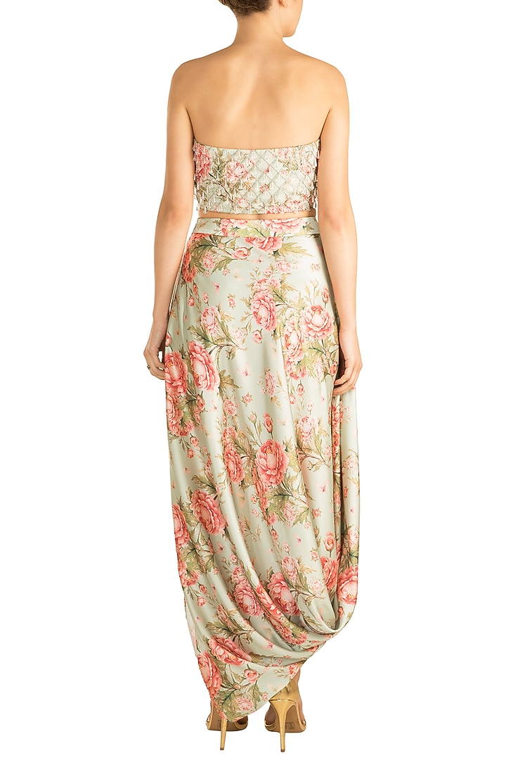 Pista Green & Peach Printed Drape Skirt With Embroidered Tube Blouse by Rozina at Pernia's Pop Up Shop