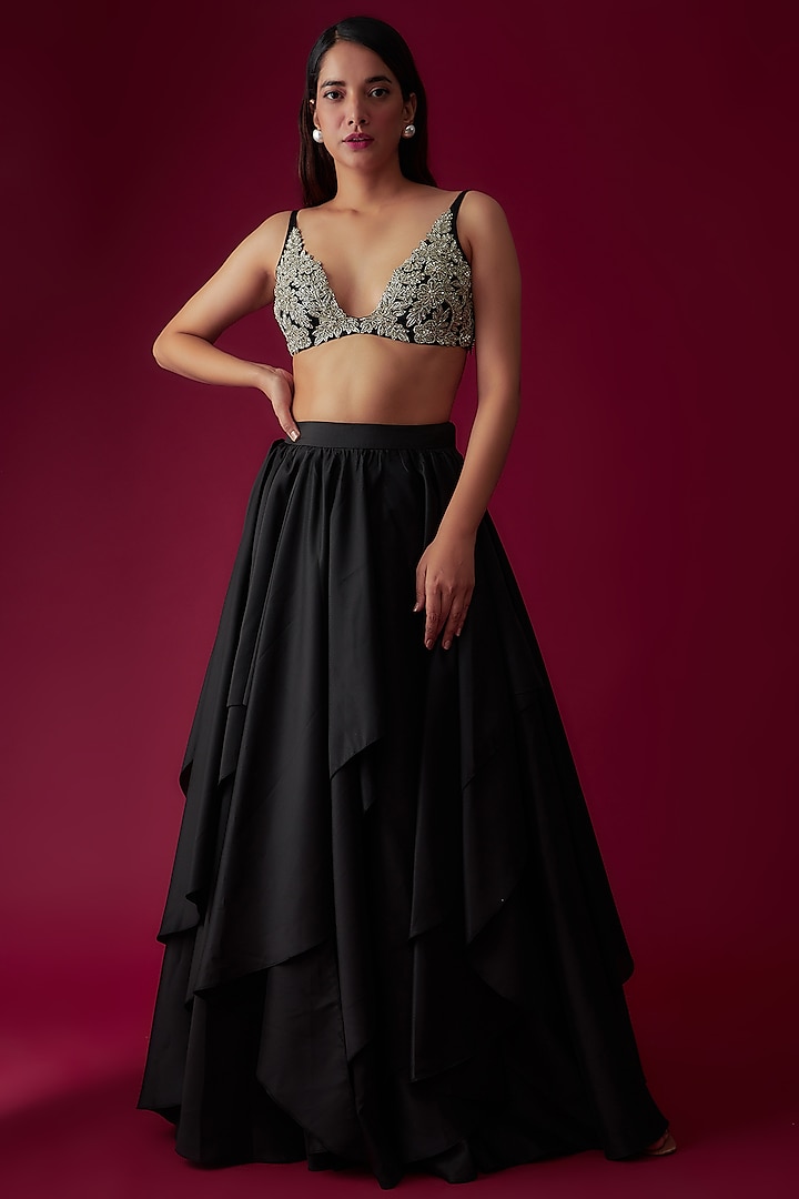 Black Taffeta Layered Skirt Set by Rozina