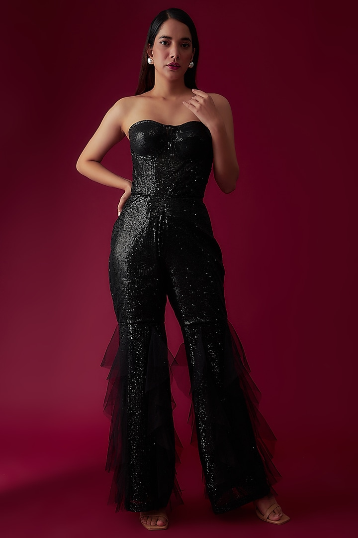 Black Sequinned Fabric Jumpsuit by Rozina