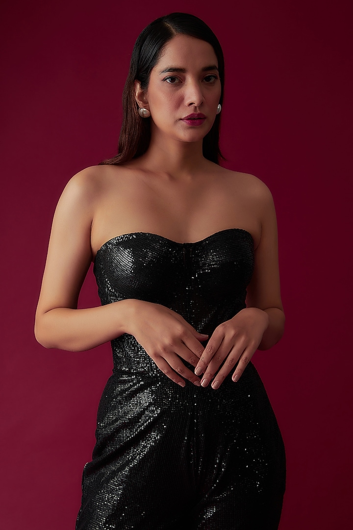 Black Sequinned Fabric Jumpsuit by Rozina at Pernia's Pop Up Shop