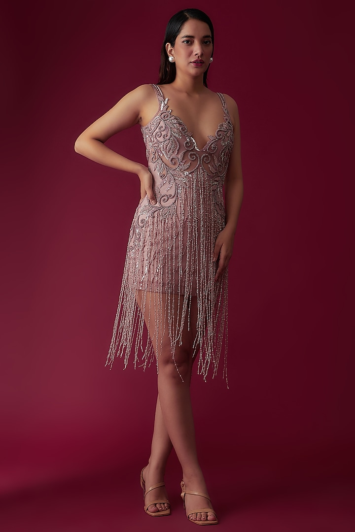 Lilac Net & Lycra Embroidered Dress by Rozina