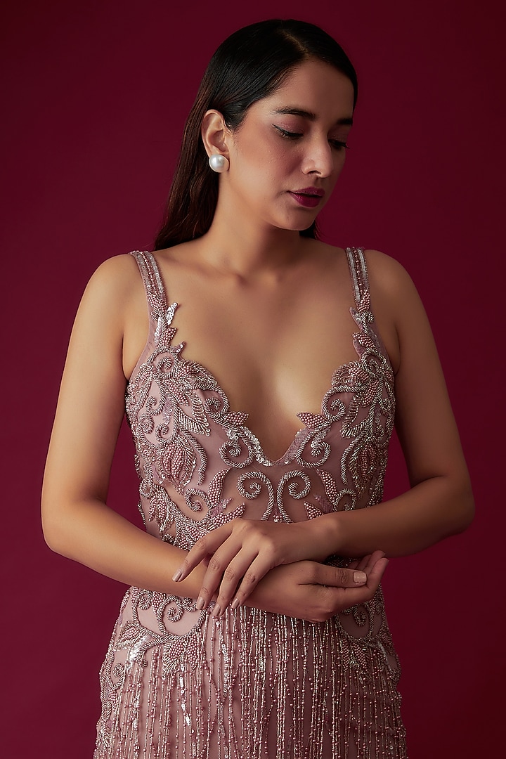 Lilac Net & Lycra Embroidered Party Wear Dress by Rozina at Pernia's Pop Up Shop