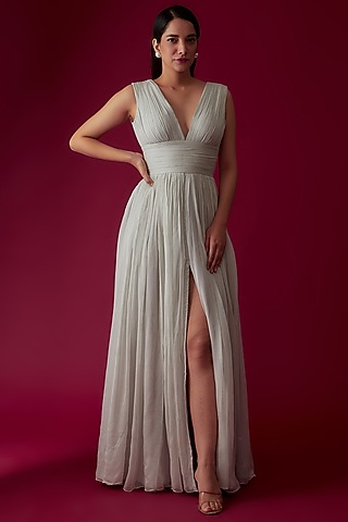 Grey Chiffon Embroidered Gown by Rozina