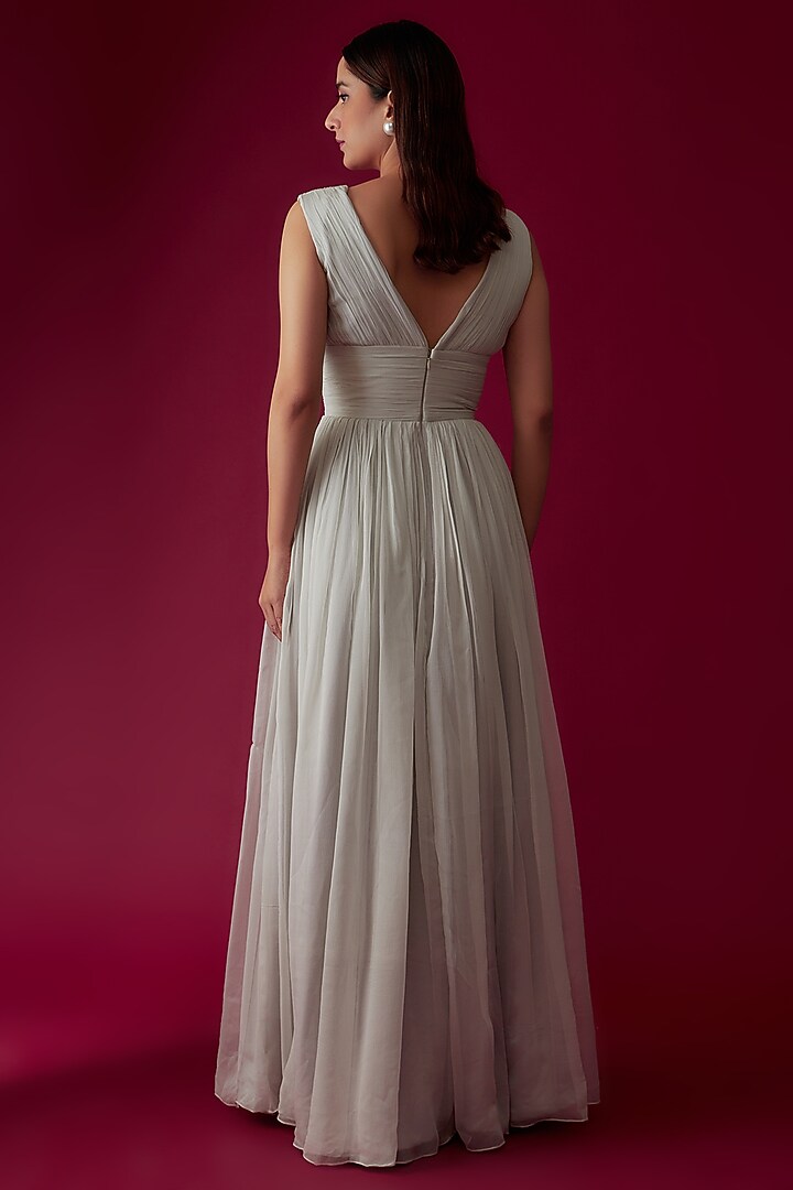 Grey Chiffon Embroidered Party Wear Gown by Rozina at Pernia's Pop Up Shop
