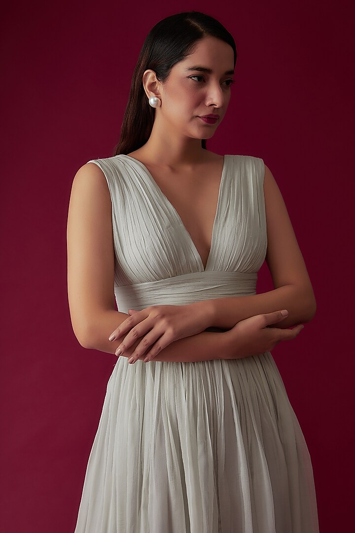 Grey Chiffon Embroidered Party Wear Gown by Rozina at Pernia's Pop Up Shop