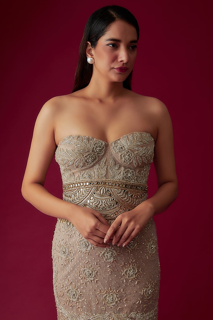 Beige Net & Lycra Hand Embroidered Party Wear Dress by Rozina at Pernia's Pop Up Shop