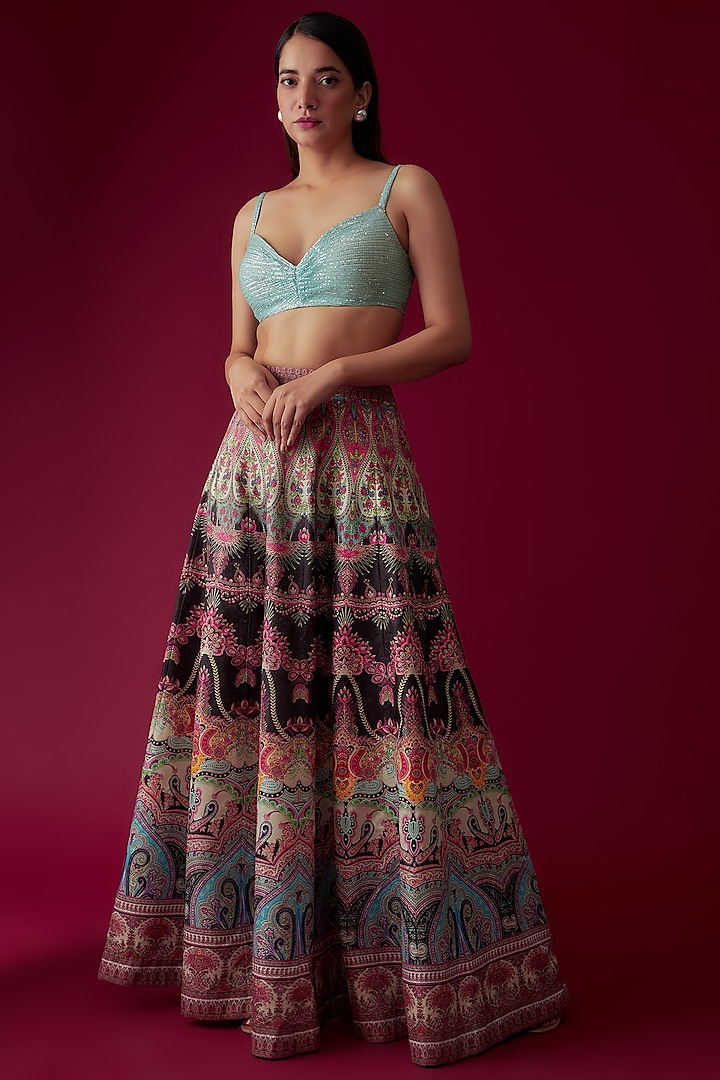 Multi-Colored Net & Silk Printed Skirt Set by Rozina