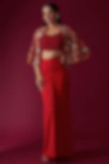 Red Net & Lycra Skirt Set by Rozina