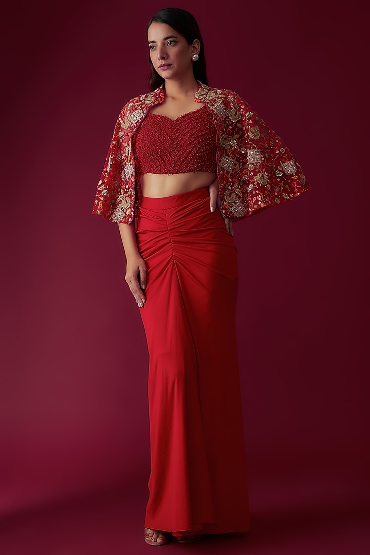 Red Net & Lycra Skirt Set by Rozina