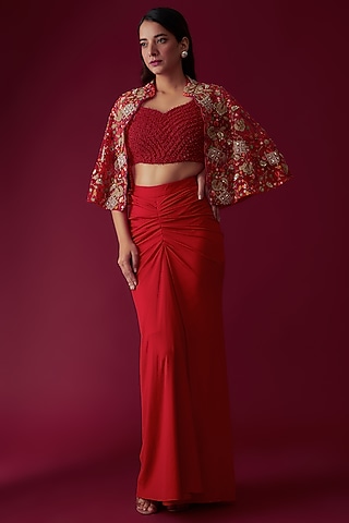 Red Net & Lycra Skirt Set by Rozina