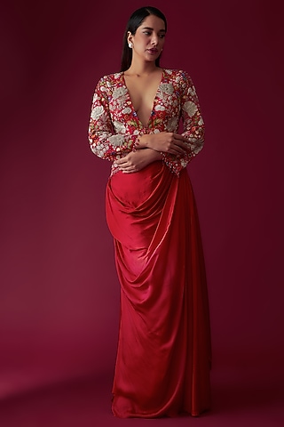 Red Satin Skirt Set by Rozina