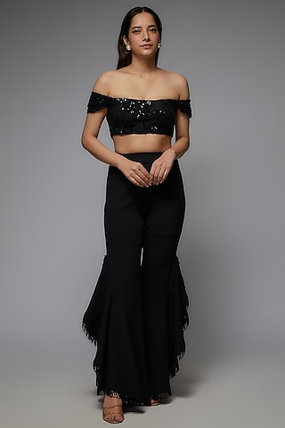 Black Scuba Sequin Embroidered Pant Set by Rozina