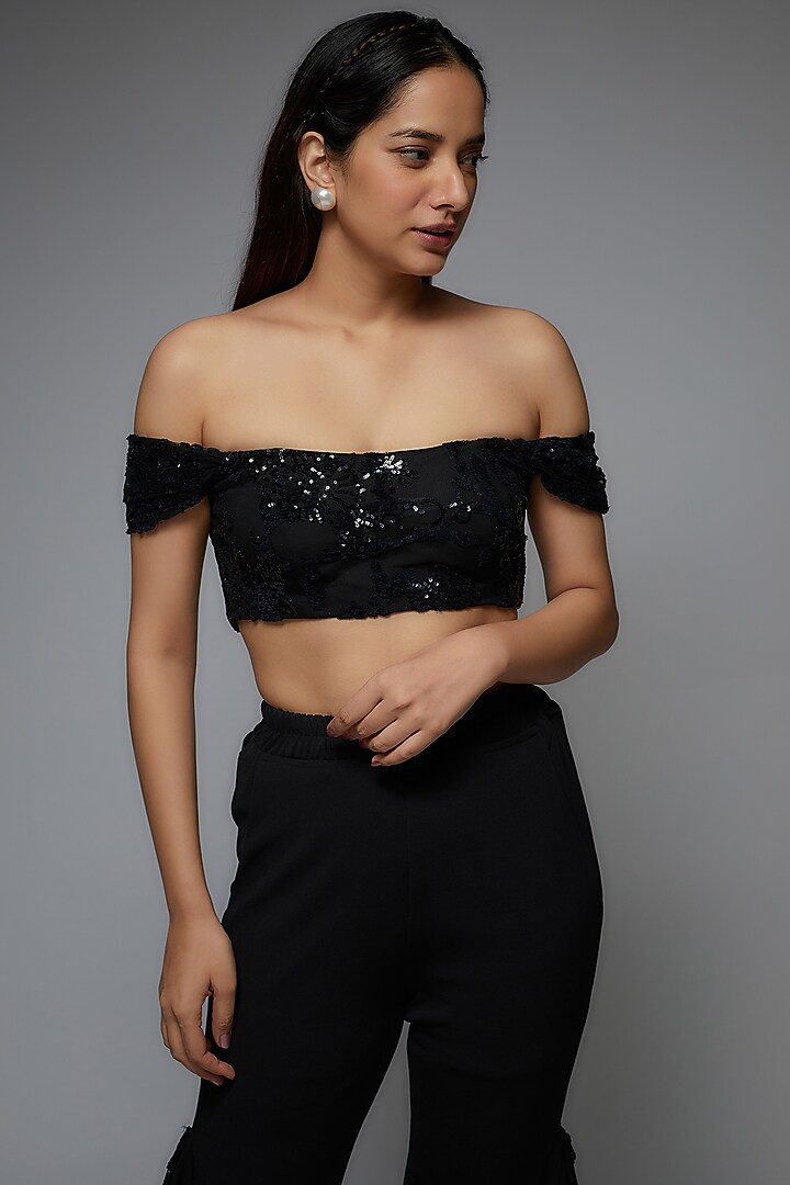Black Scuba Sequin Embroidered Pant Set by Rozina at Pernia's Pop Up Shop