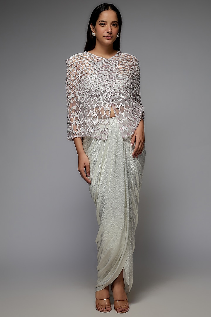 Silver Shimmer Lycra & Net Hand Embroidered Cape Set by Rozina at Pernia's Pop Up Shop