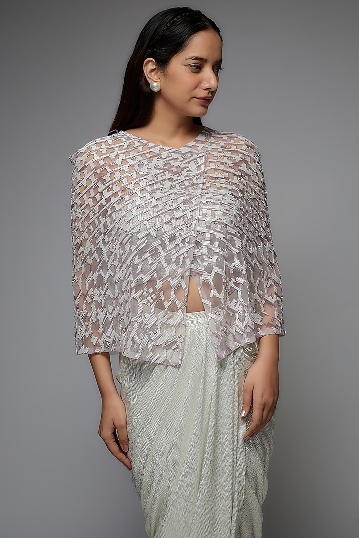 Silver Shimmer Lycra & Net Hand Embroidered Cape Set by Rozina at Pernia's Pop Up Shop