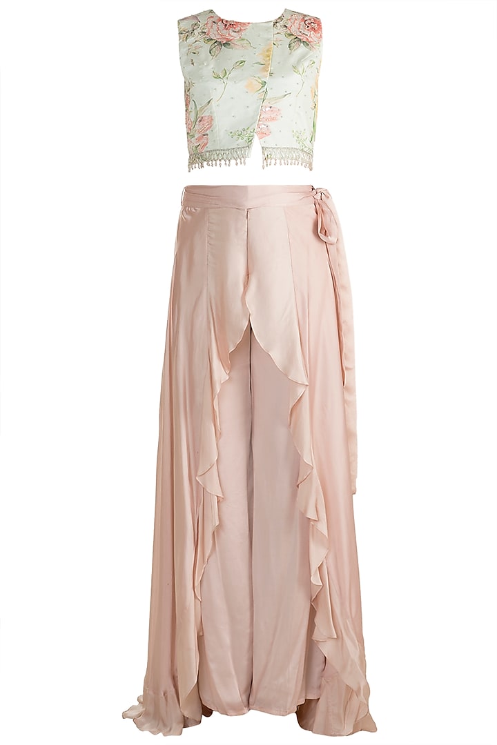 Blue Printed & Embroidered Crop Top With Dull Pink Palazzo Pants by Rozina