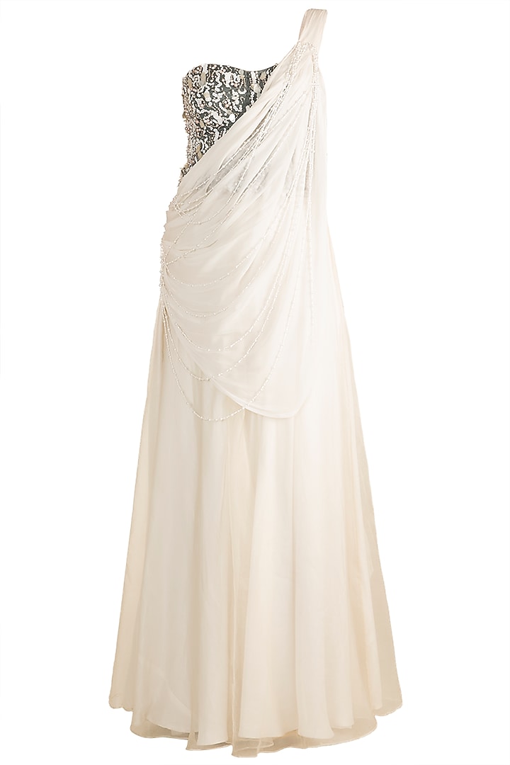 Off White Embellished Drape Skirt With Grey Corset Blouse by Rozina