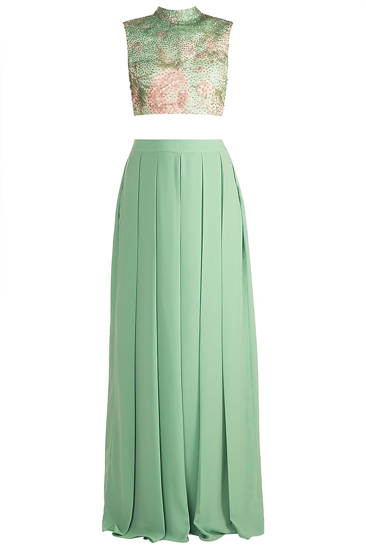 Green & Pink Printed Embroidered Crop Top With Pleated Pants by Rozina