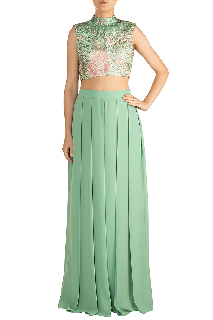 Green & Pink Printed Embroidered Crop Top With Pleated Pants by Rozina at Pernia's Pop Up Shop