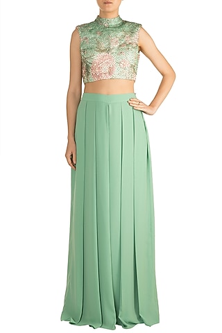Green & Pink Printed Embroidered Crop Top With Pleated Pants by Rozina