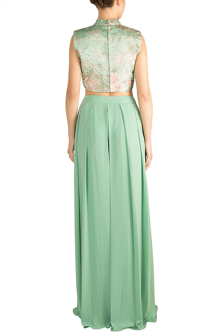 Green & Pink Printed Embroidered Crop Top With Pleated Pants by Rozina at Pernia's Pop Up Shop