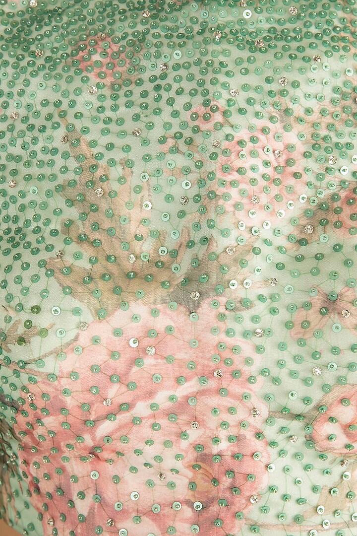 Green & Pink Printed Embroidered Crop Top With Pleated Pants by Rozina at Pernia's Pop Up Shop