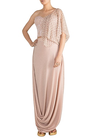 Pink Shimmery Embroidered Blouse With Cowl Skirt by Rozina