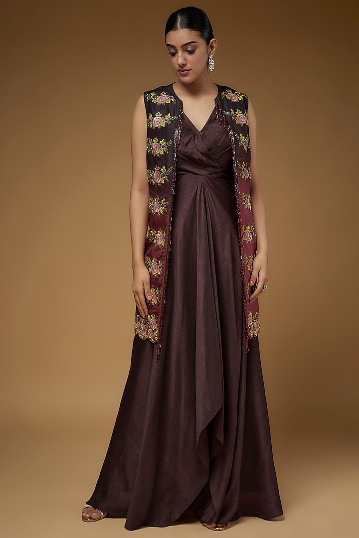 Maroon Cotton Satin & Net Gown by Rozina