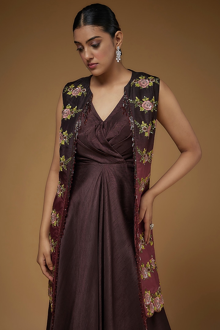 Maroon Cotton Satin & Net Engagement Gown by Rozina at Pernia's Pop Up Shop