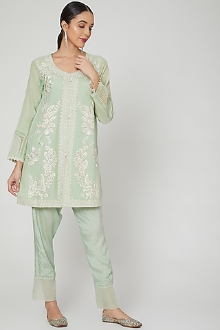 Mint Green Kurta With Pants by Rozina