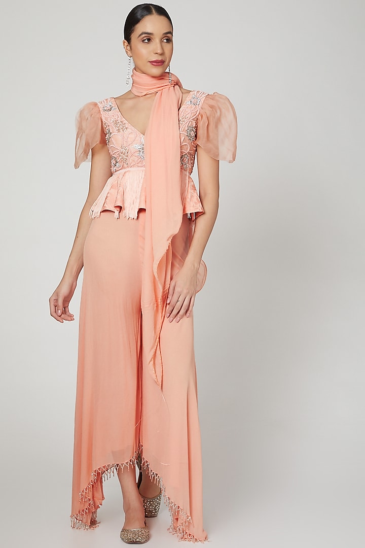 Peach Embroidered Peplum Top With Pants by Rozina