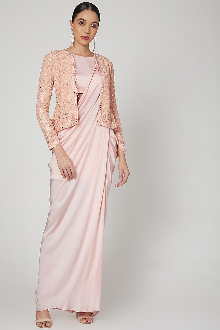 Blush Pink Embroidered Jacket With Gown by Rozina