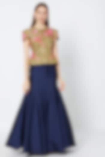 Navy Blue Skirt With Embroidered Peplum Top by Rozina