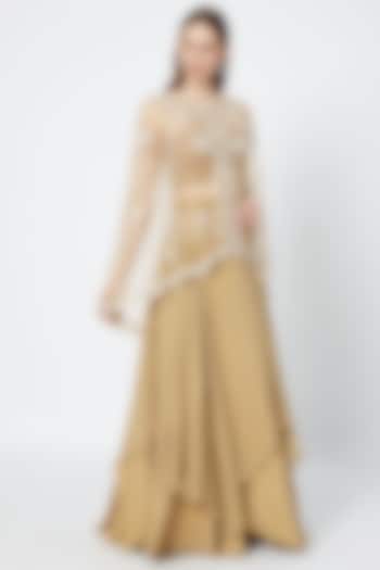 Golden Layered Skirt With Blouse & Embroidered Cape by Rozina