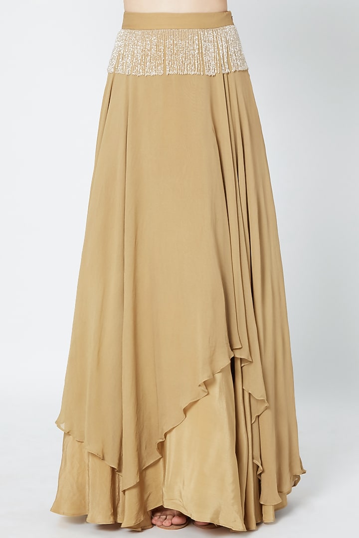 Golden Layered Skirt With Blouse & Embroidered Cape by Rozina at Pernia's Pop Up Shop