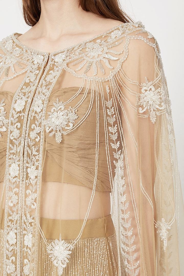 Golden Layered Skirt With Blouse & Embroidered Cape by Rozina at Pernia's Pop Up Shop