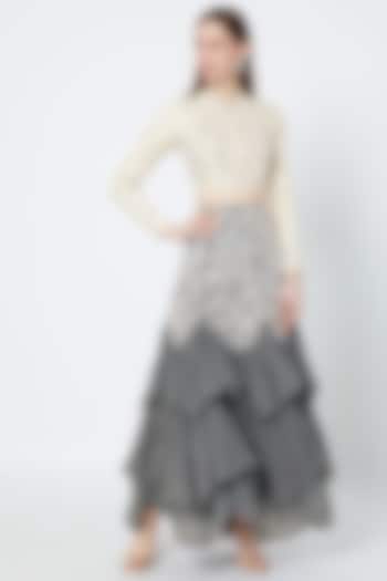 Silver Embellished Blouse With Grey Skirt by Rozina