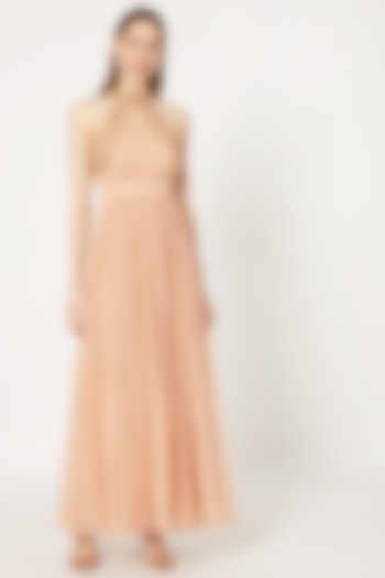 Peach Gown With Embroidered Cape by Rozina