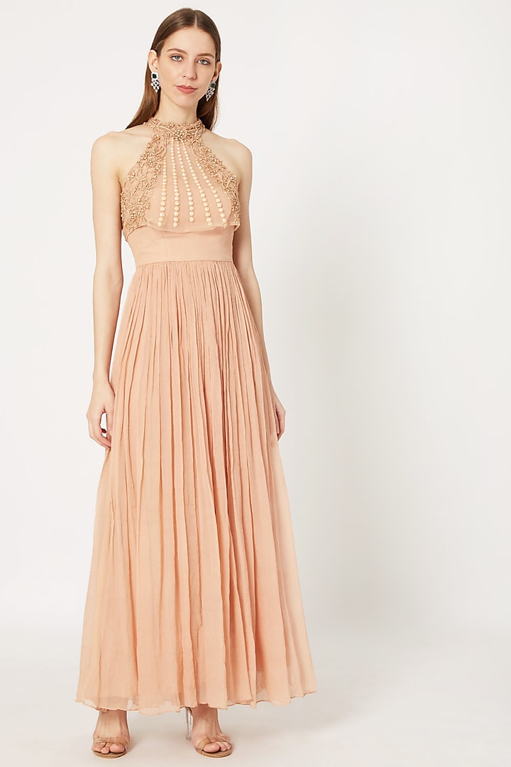 Peach Gown With Embroidered Cape by Rozina